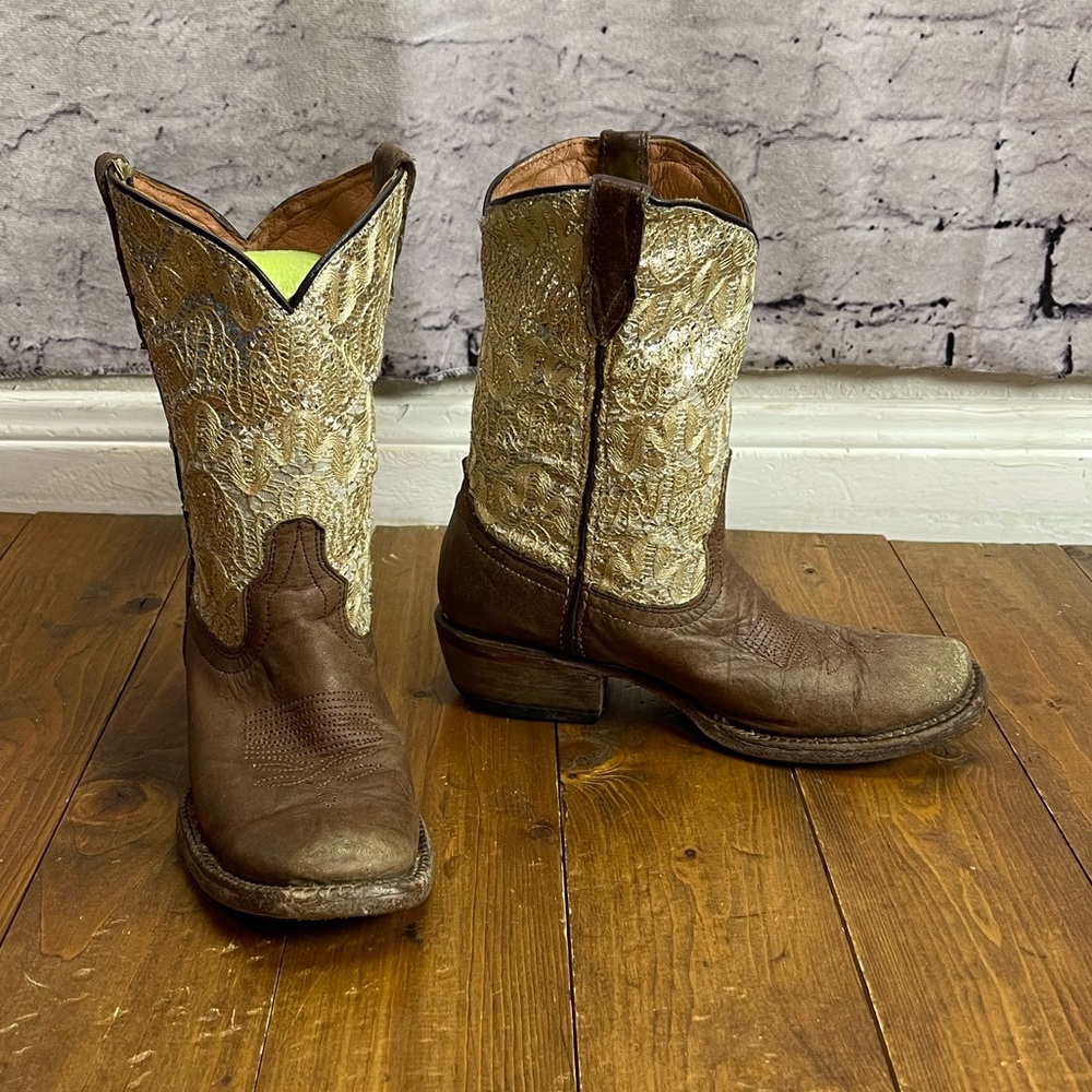 Tanner Mark kids size 12 leather and lace cowgirl boots